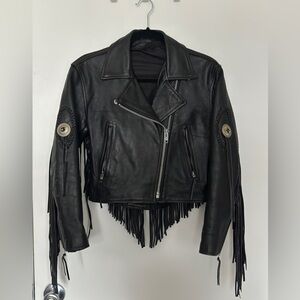 Cropped Black Leather Fringe Biker Jacket